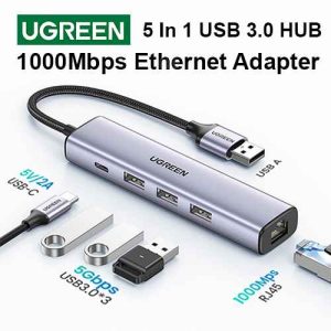 CM475 USB 5 In 1 USB 3.0 UGREEN Hub With Ethernet Adapter 3 USB 3.0 Port 1 5V 2A USB Type-C Port 1 RJ45 Gigabit 1000Mbps Network Card Ethernet Adapter